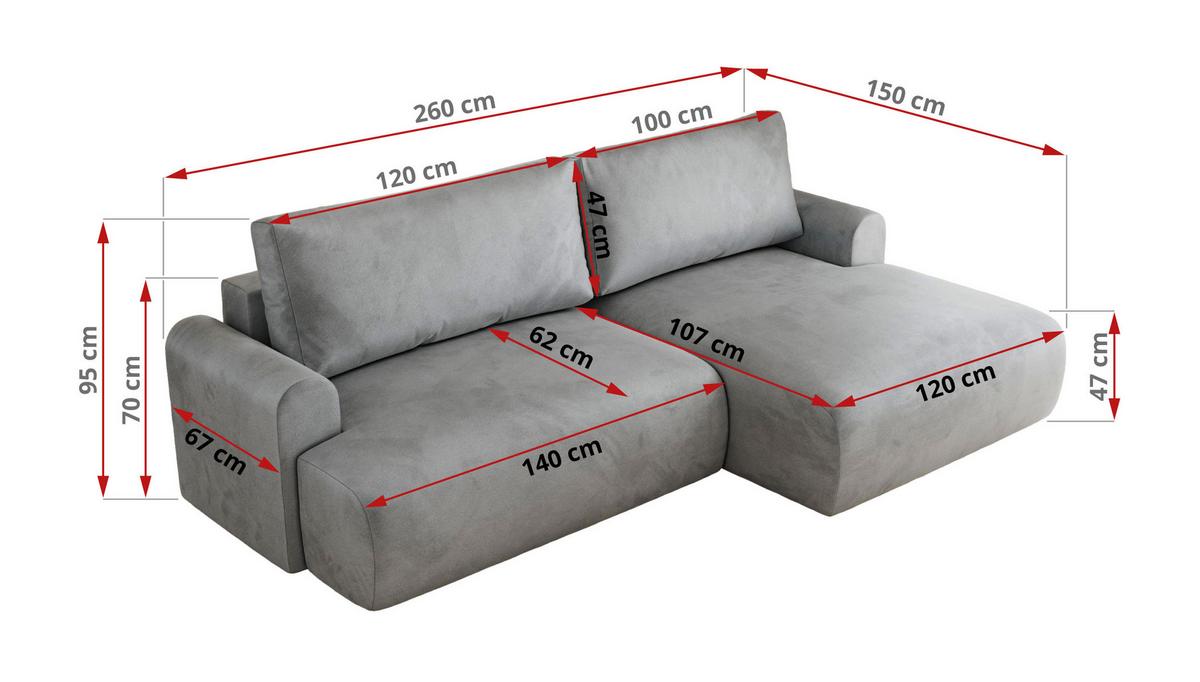 ECKSCHLAFSOFA TONO L Hellgrau Velvet - links - Hellgrau/Schwarz, Kunststoff/Textil (260/150cm) - MKS