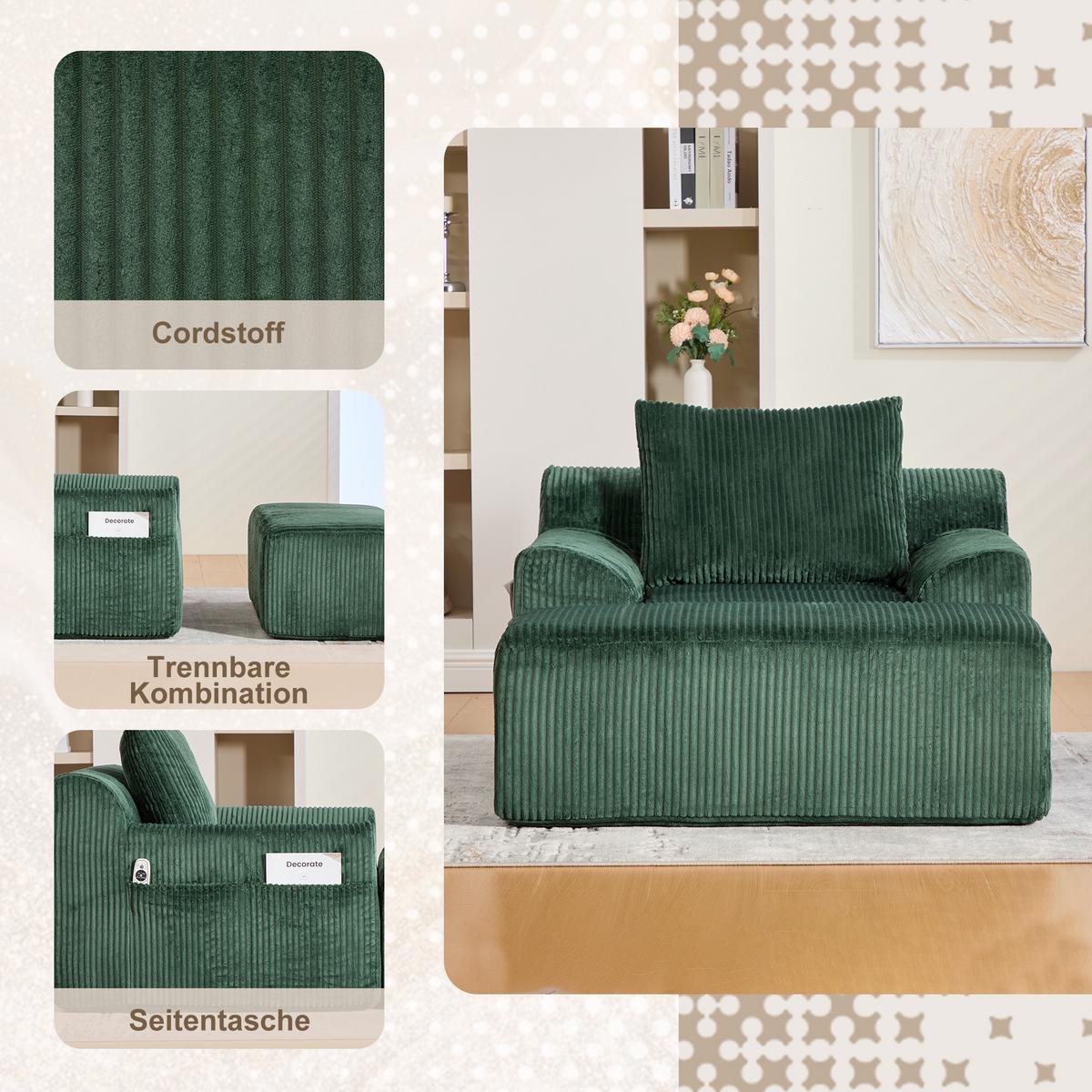 SESSEL mit Hocker in Cord Übergroßer Relaxsessel - Grün, Textil (110/67/147cm) - Urban Meuble