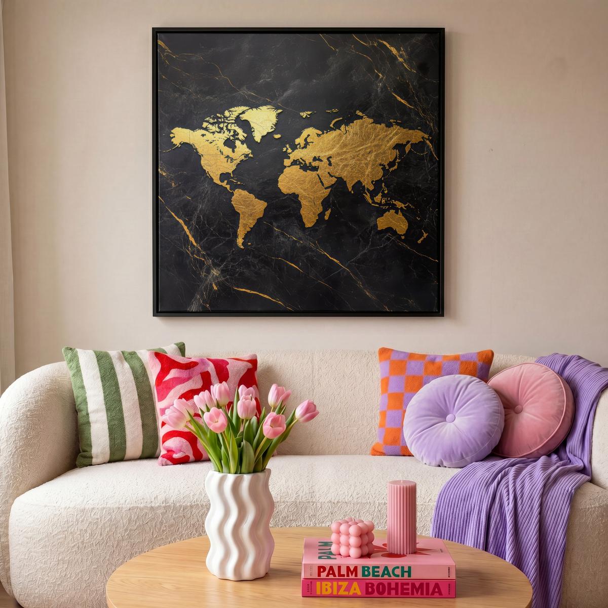 LEINWAND Bilder mit Rahmen - Weltkarte - Gold - Marmor - 90x90 - Goldfarben, Textil (90/90cm) - MuchoWow