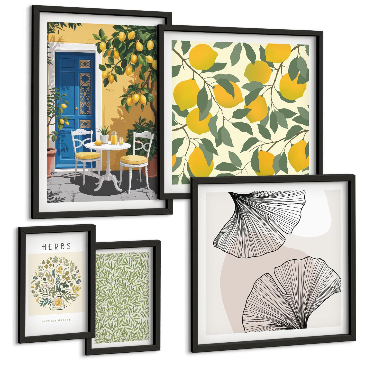 BILDER SET 5er Set - 50x50 cm & 20x30 cm & 40x60 cm Schwarzer Rahmen - Zitronenkräuter und -blätter - Schwarz, Kunststoff (40/60cm) - TULUP