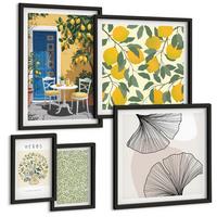 BILDER SET 5er Set - 50x50 cm & 20x30 cm & 40x60 cm Schwarzer Rahmen - Zitronenkräuter und -blätter - Schwarz, Kunststoff (40/60cm) - TULUP