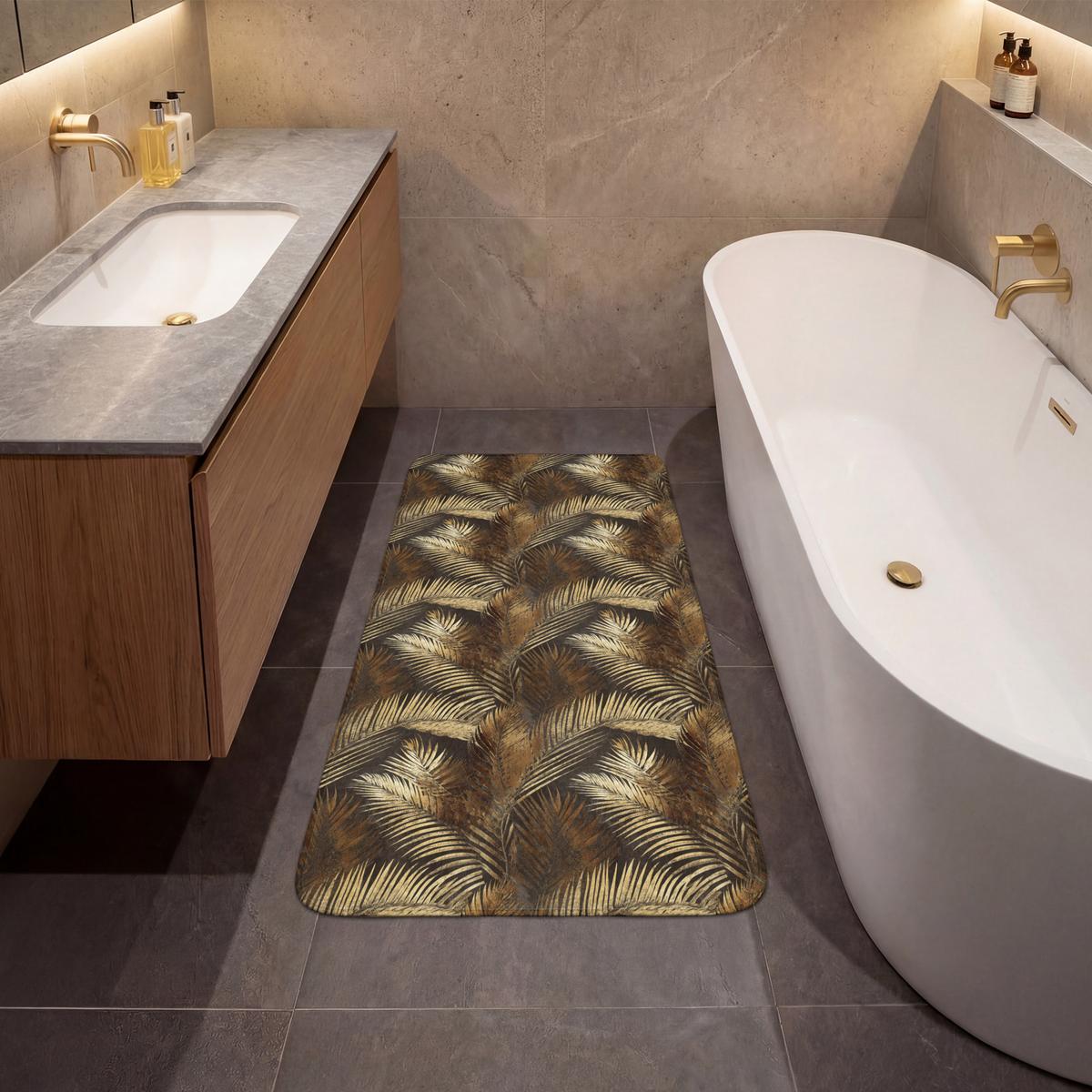BADEMATTE Tropisch - Blätter - Gold 60x120 cm - Dunkelbraun/Goldfarben, Textil (60/120cm) - OnlyWow