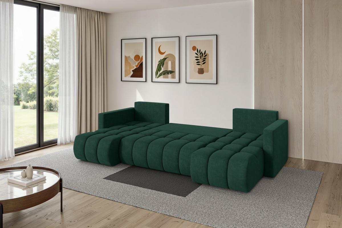 WOHNLANDSCHAFT mit Schlaffunktion und Bettkasten GARD-U 300x146x85 Grün Velours - Schwarz/Grün, Holzwerkstoff/Kunststoff (300/85/146cm) - ALTDECOR