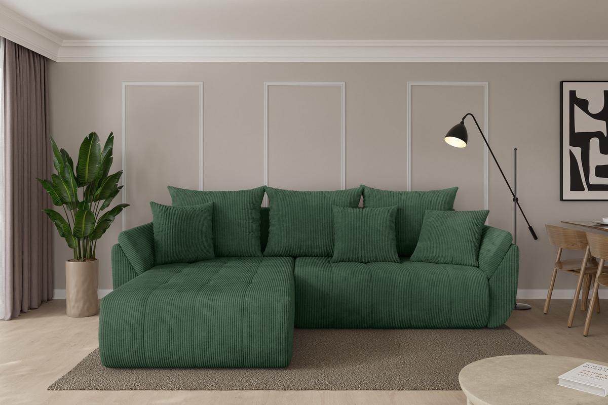 ECKSOFA mit Schlaffunktion Ottomane Links TOKO-L 277x194x86 Grün Cord - Dunkelgrün/Schwarz, Holzwerkstoff/Kunststoff (277/194cm) - ALTDECOR
