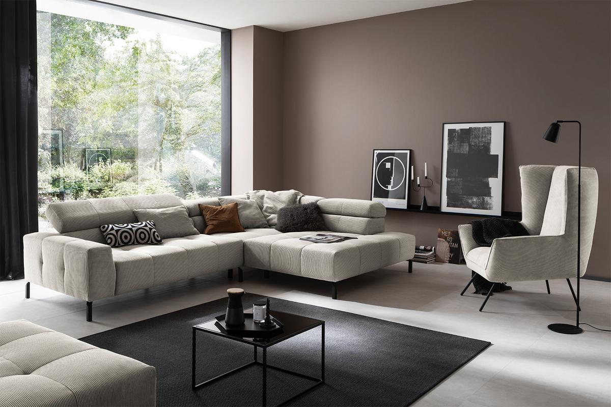 ECKSOFA MIT MOTORISCHEM SITZVORZUG OHIO Silber Cord Relaxfunktion - Silberfarben/Schwarz, Textil/Metall (311/219cm) - KAWOLA