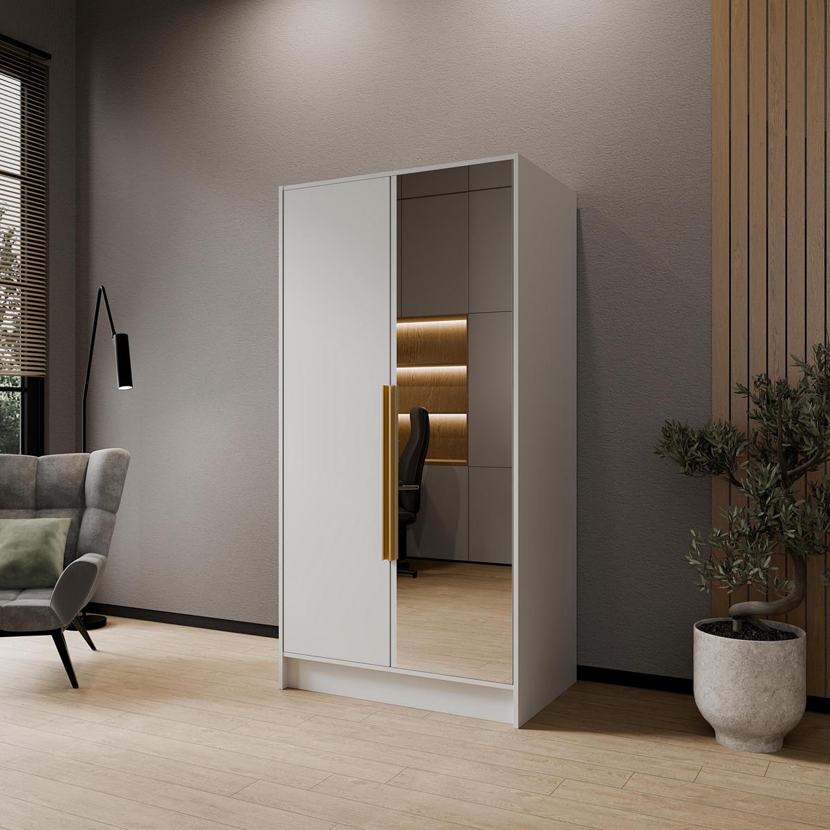 DREHTÜRENSCHRANK RENVO 102/200/51 cm Modern Kleiderschrank 2-türig mit Spiegel Weiß - Weiß, Holzwerkstoff (102/200/51cm) - MASSENO