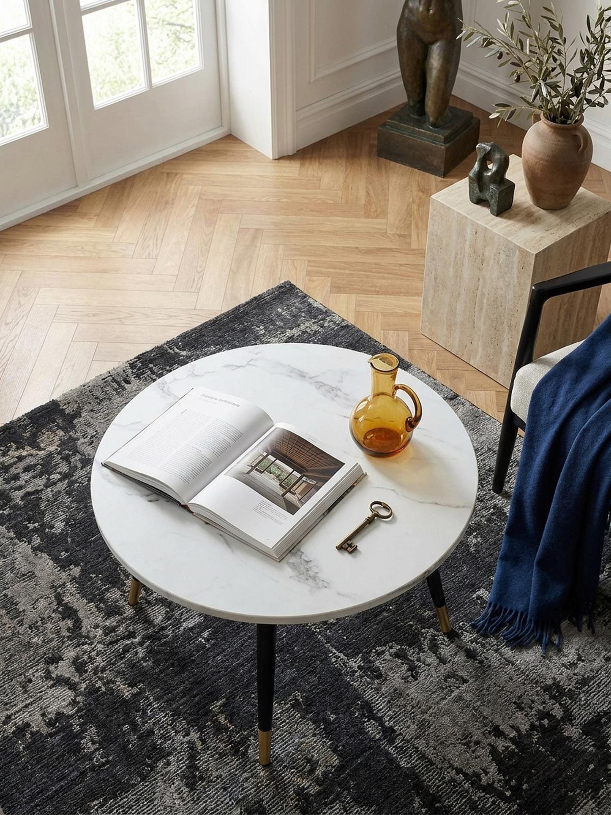 COUCHTISCH mit Marmor Optik, Modernes Design, Metall-Gestell, Runde Form, Weiß 60x60x41 cm - Goldfarben/Weiß, Holzwerkstoff/Metall (60/60/41cm) - KADIMA DESIGN
