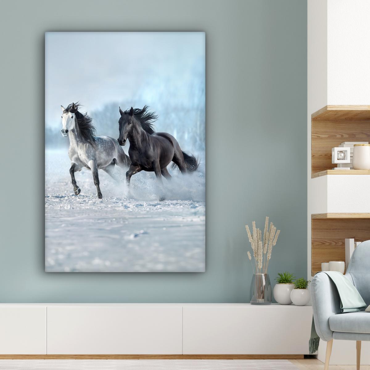 LEINWANDBILD Pferde - Winter - Tiere - Natur - Schnee Deko Groß 90x140 cm - Anthrazit, Textil (90/140cm) - MuchoWow