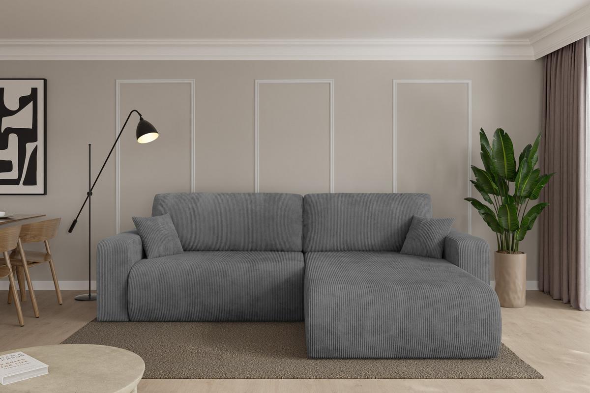 ECKSOFA mit Schlaffunktion Ottomane Rechts BERY-L 276x193x88 Dunkelgrau Cord - Dunkelgrau/Schwarz, Holzwerkstoff/Kunststoff (276/193cm) - ALTDECOR