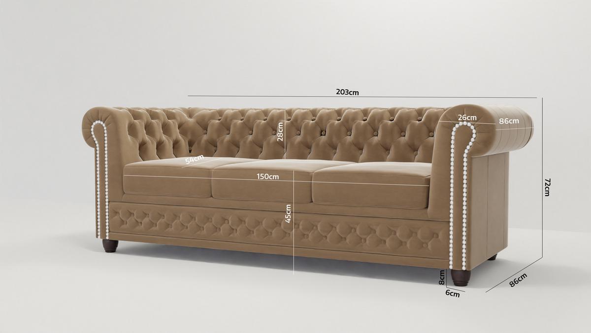 CHESTERFIELD-SOFA 3-Sitzer mit Schlaffunktion Nyx Beige Samt - Beige/Braun, Holz/Textil (203/28/86cm) - S-Style Möbel