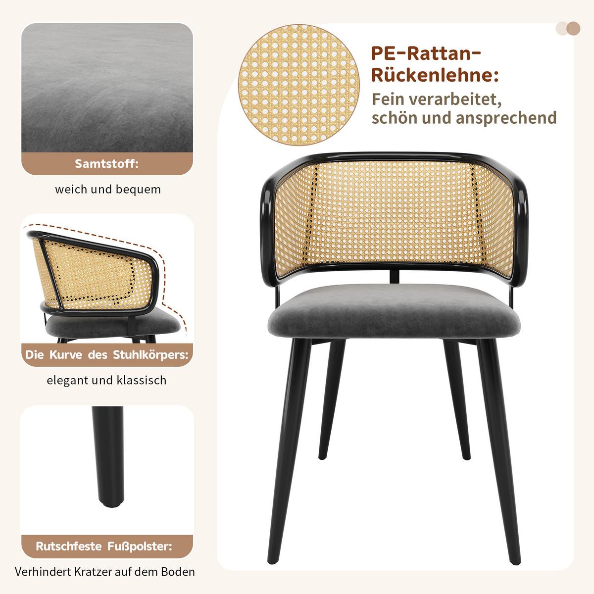 ESSZIMMERSTÜHLE 2er Set Rattan Rückenlehne & Samtsitz - Schwarz/Grau, Leder/Textil (47/79/47cm) - Urban Meuble