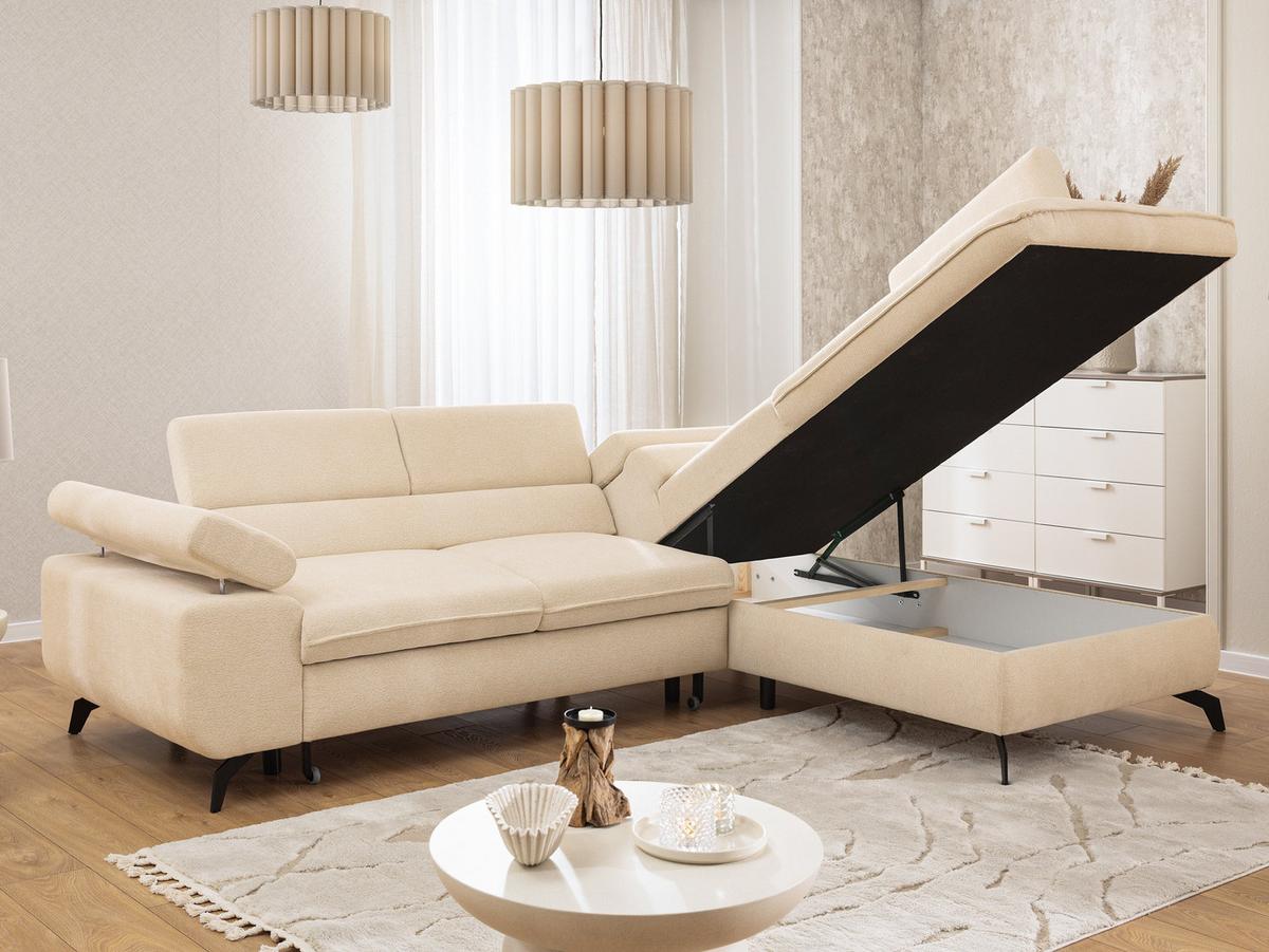 ECKSOFA mit Schlaffunktion und Bettkasten Bonnie aus Creme Chenille-Stoff mit verstellbaren Kopfstützen und Armlehne - Ottomane rechts - Creme/Schwarz, Holz/Textil (275/210cm) - S-Style