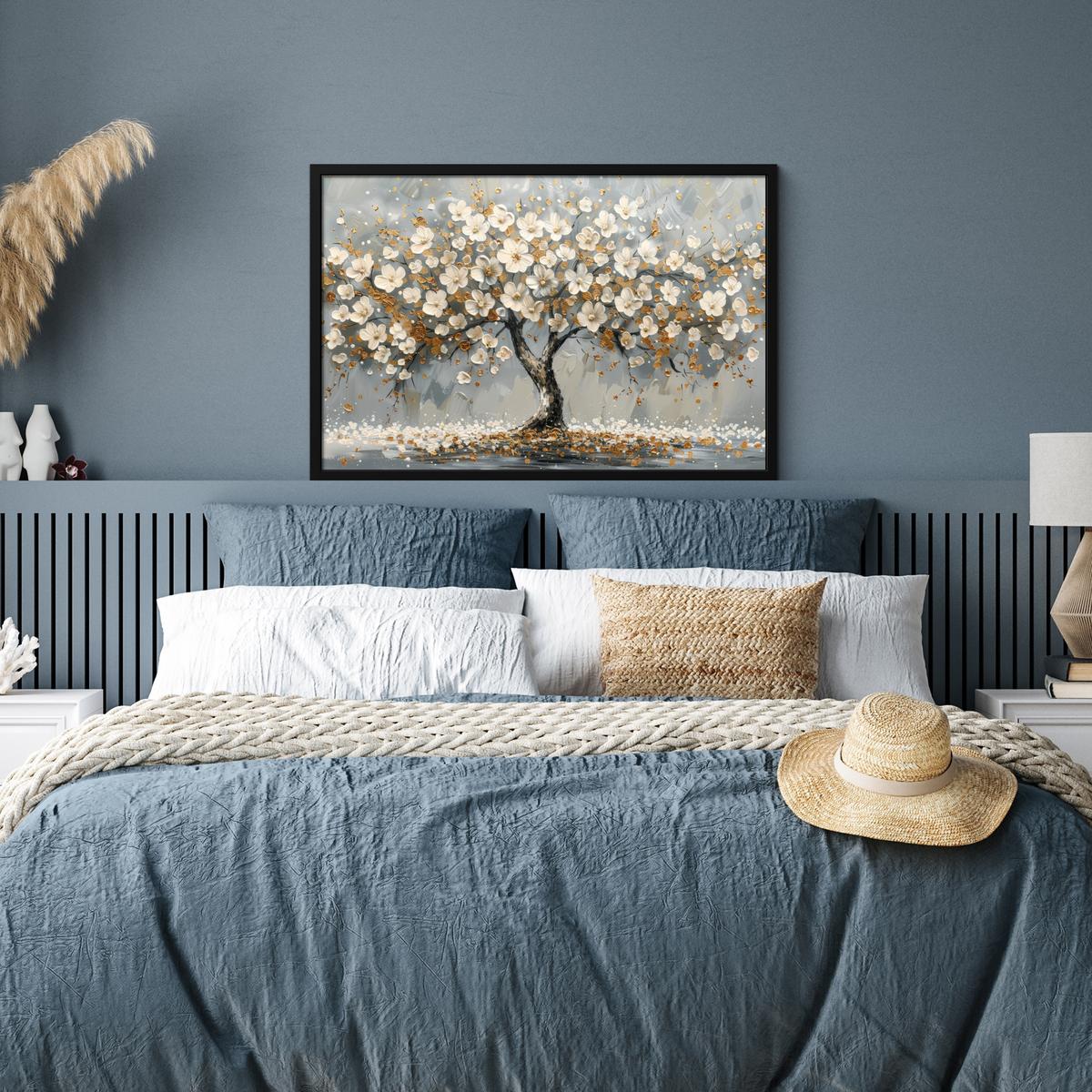 POSTER MIT RAHMENGERAHMTES BILD Baum - Blumen - Weiß - Natur - Kunst 90x60 cm - Weiß, Papier (90/60cm) - MuchoWow