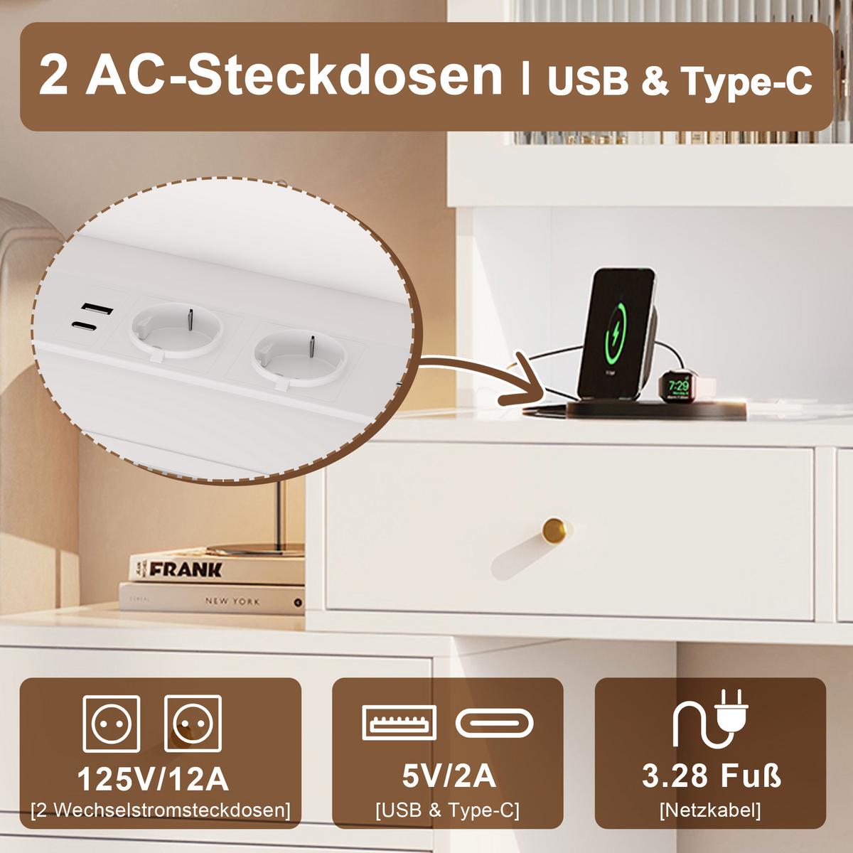SCHMINKTISCH Weiß mit LED-Spiegel, Ladestation & Glasplatte - Weiß, Holzwerkstoff (140/140/40cm) - Urban Meuble