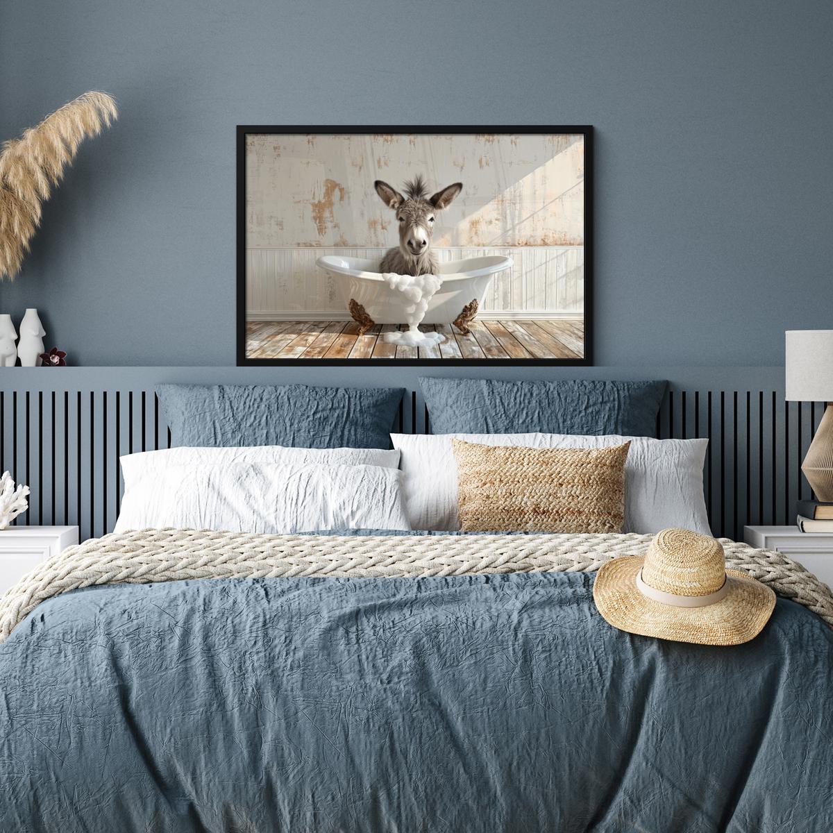 POSTER MIT RAHMENGERAHMTES BILD Esel - Tiere - Badewanne - Schaumstoff 90x60 cm - Weiß, Papier (90/60cm) - MuchoWow