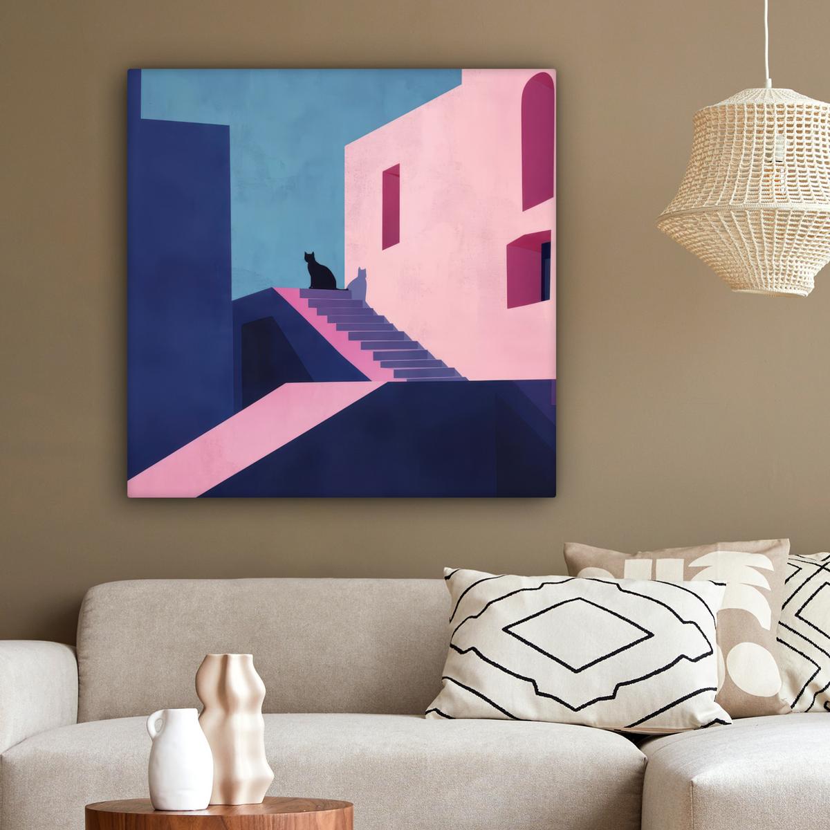 LEINWANDBILD Katze - Treppe - Gebäude - Schattenkontraste Deko Groß 90x90 cm - Dunkelblau, Textil (90/90cm) - MuchoWow