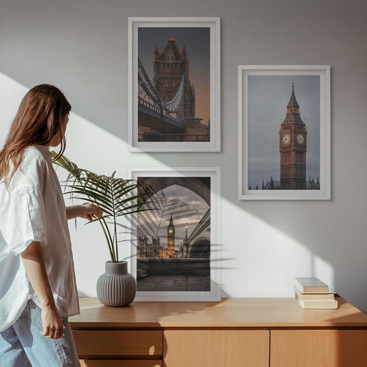 BILDER SET 3er Set - 40x60 cm Weißer Rahmen - London Bridge Big Ben Uhr - Weiß, Kunststoff (40/60cm) - TULUP