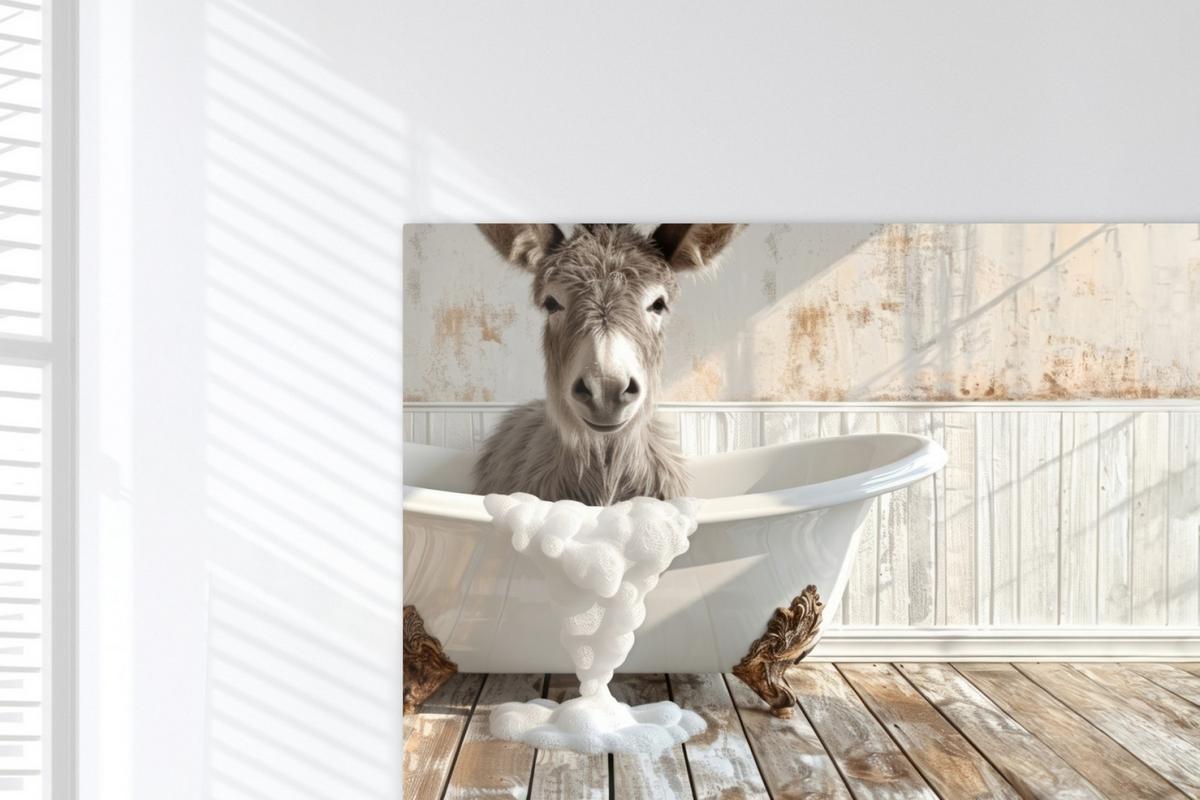 LEINWANDBILD Esel - Tiere - Badewanne - Schaumstoff Wohnzimmer Groß 120x80 cm - Weiß, Textil (120/80cm) - MuchoWow