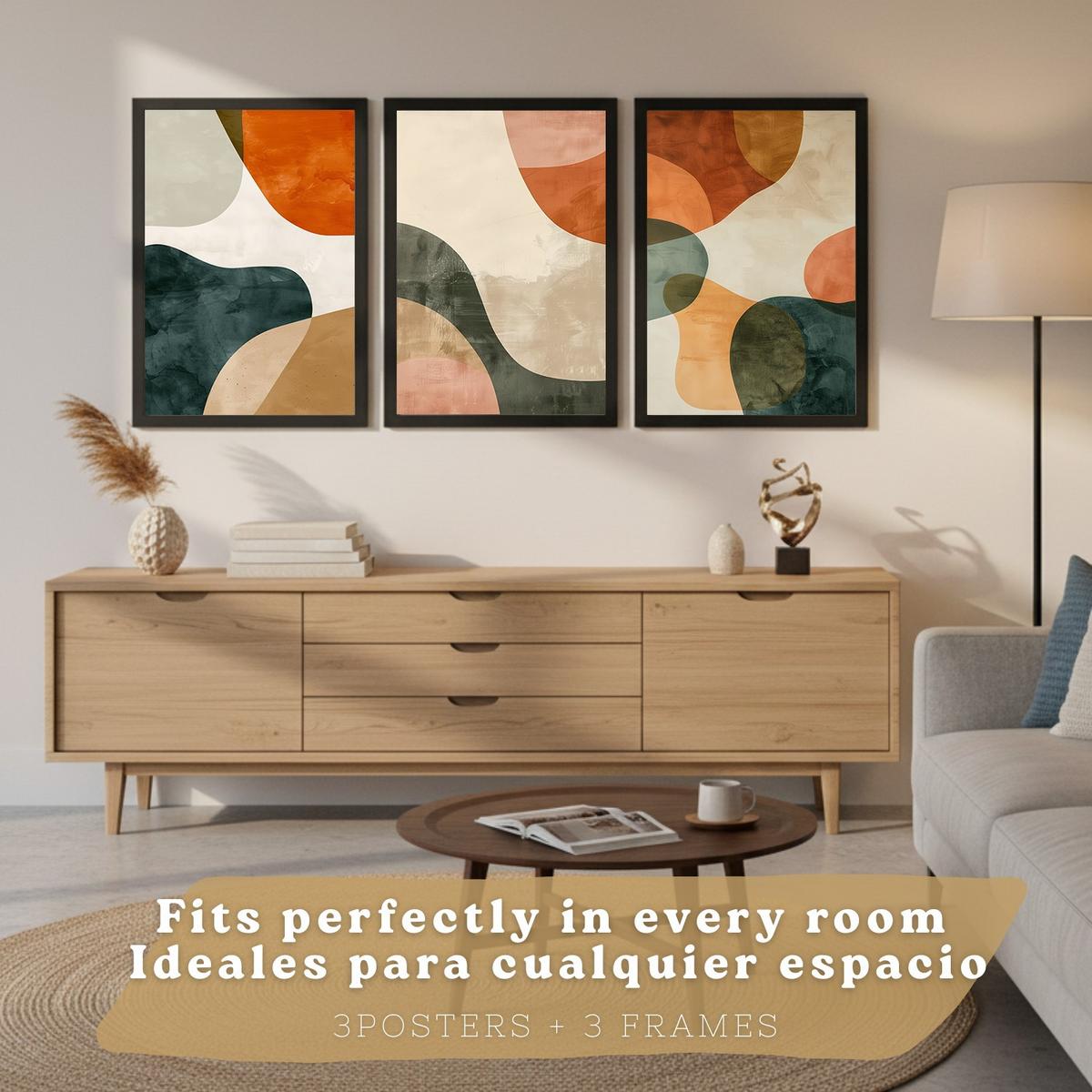 POSTER Set of 3 Abstract Shape Wall Art Prints Modern Brown Green Orange Decor for Living Room Bedroom Kitchen Bathroom Schwarzer Rahmen A3 - Schwarz, Papier (29.7/1/42cm) - Nacnic