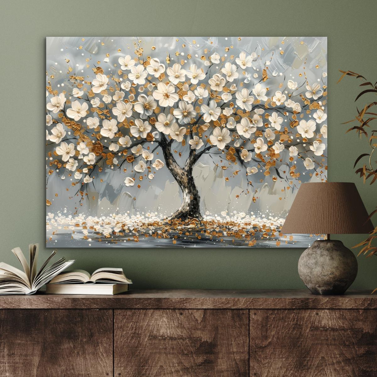 METALLBILD Baum - Blumen - Weiß - Natur - Kunst 80x60 cm - Weiß, Metall (80/60cm) - MuchoWow