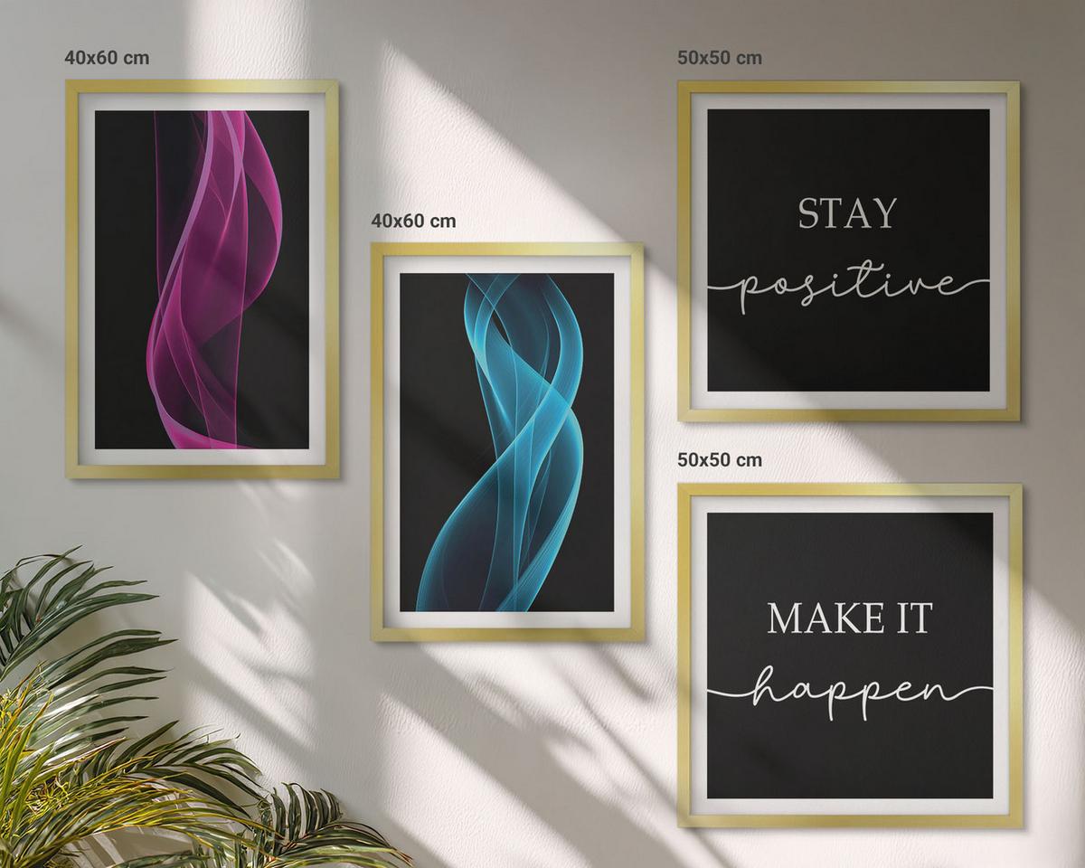 BILDER SET 4er Set - 50x50 cm & 40x60 cm Goldrahmen - Neonlinienwellen im Hintergrund - Goldfarben, Kunststoff (50/50cm) - TULUP