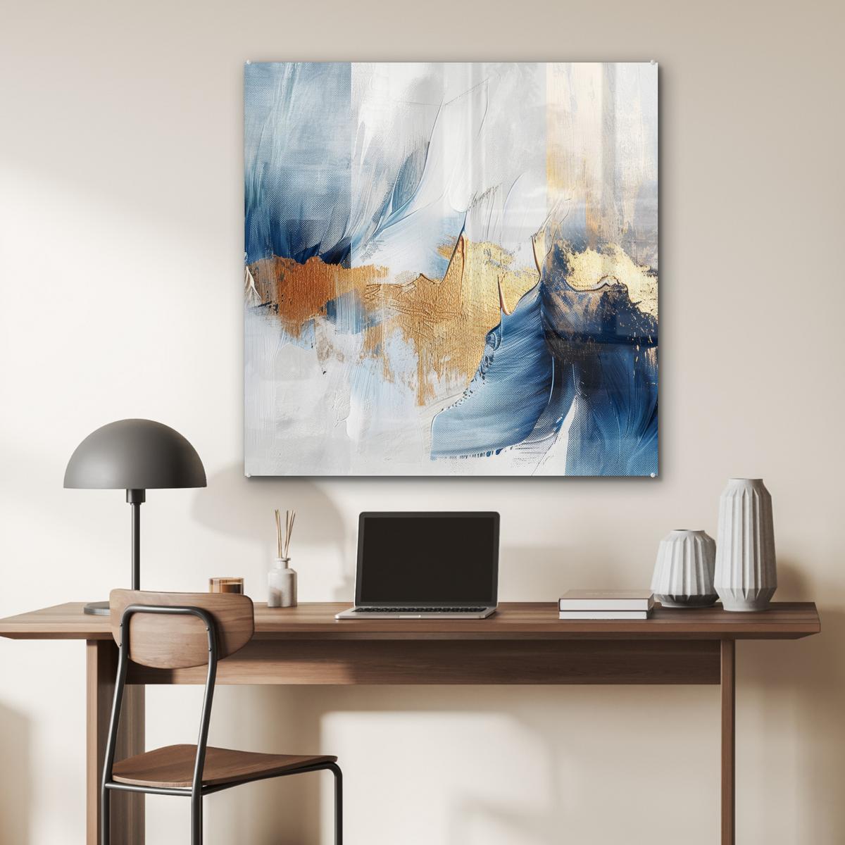 ACRYLGLASBILD Gold - Blau - Aquarell - Kunst - Modern 90x90 cm - Hellblau, Glas (90/90cm) - MuchoWow