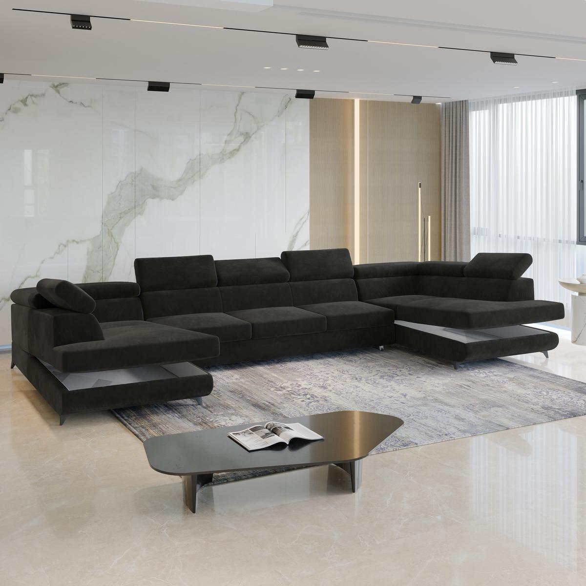 WOHNLANDSCHAFT URMANO Schwarz Velours-Stoff mit Schlaffunktion - Schwarz, Holz (395/89/190cm) - MASSENO