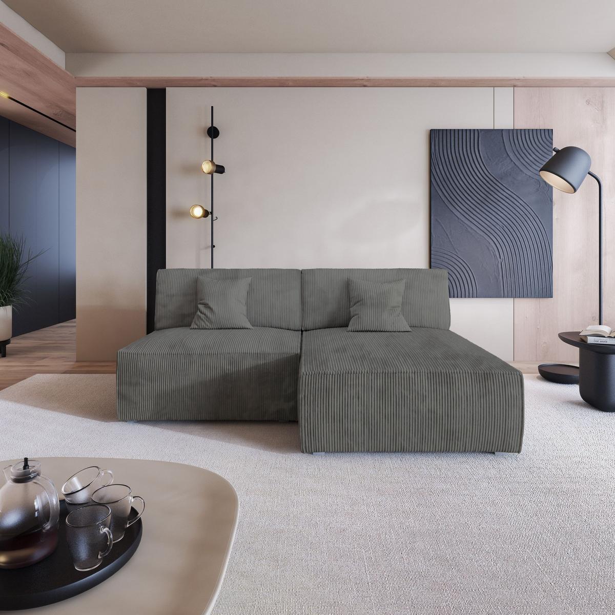 ECKSOFA FIORO P Grau Kordstoff mit Schlaffunktion - Grau, Holz/Kunststoff (204/148cm) - MASSENO