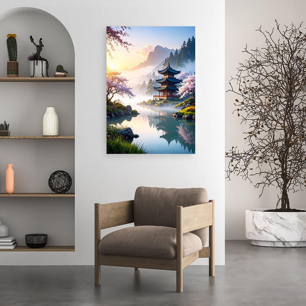 WANDBILD, Japanische Pagode Berglandschaft - Multicolor, Textil (20/30cm) - Feeby