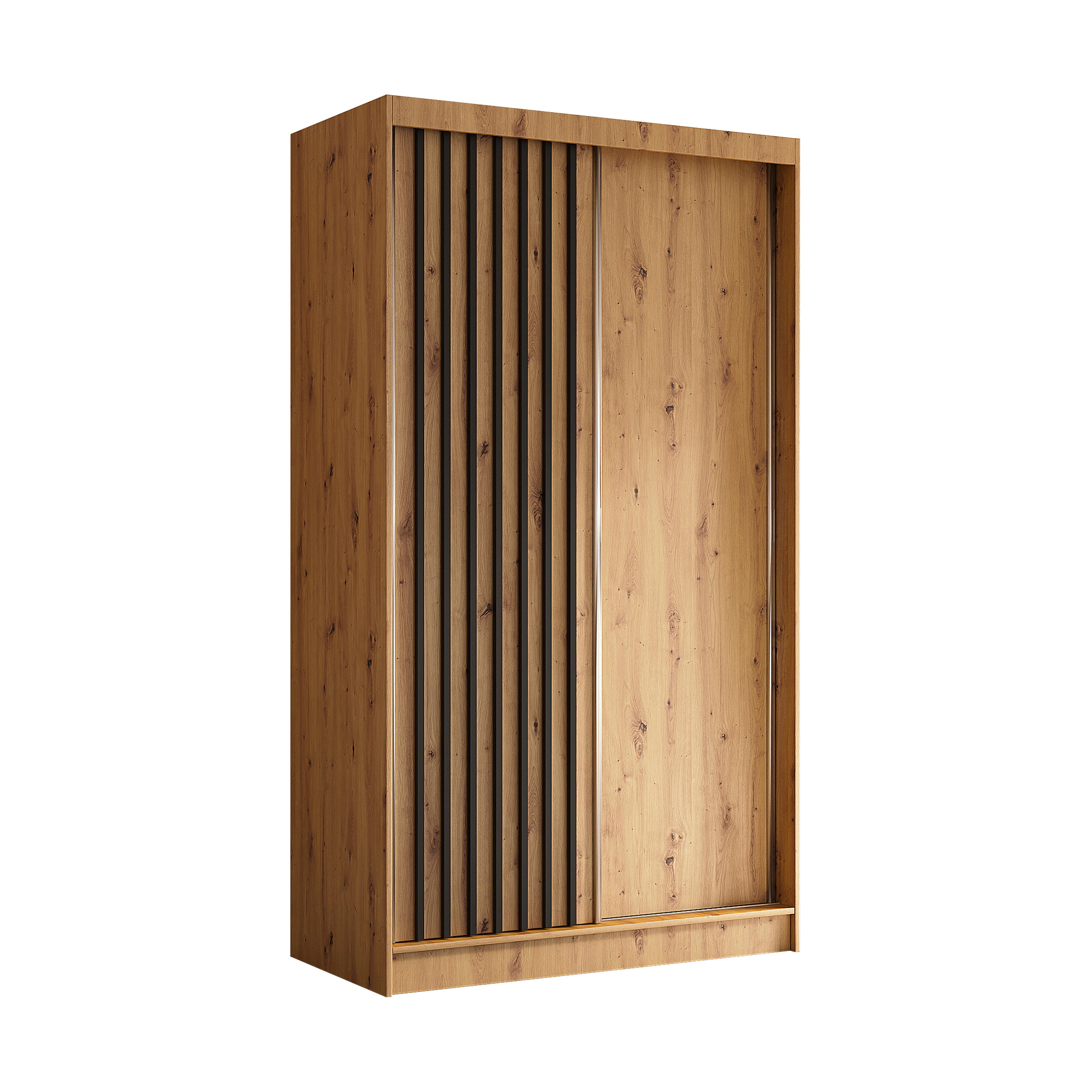 KLEIDERSCHRANK mit furnierten Schiebetüren und Aluminium-Leisten, LED-Beleuchtung - LABELO - 120 cm Artisan+Artisan+Schwarz - Schwarz/Eiche Artisan, Holzwerkstoff (120/216/61cm) - ALTDECOR