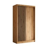 KLEIDERSCHRANK mit furnierten Schiebetüren und Aluminium-Leisten, LED-Beleuchtung - LABELO - 120 cm Artisan+Artisan+Schwarz - Schwarz/Eiche Artisan, Holzwerkstoff (120/216/61cm) - ALTDECOR