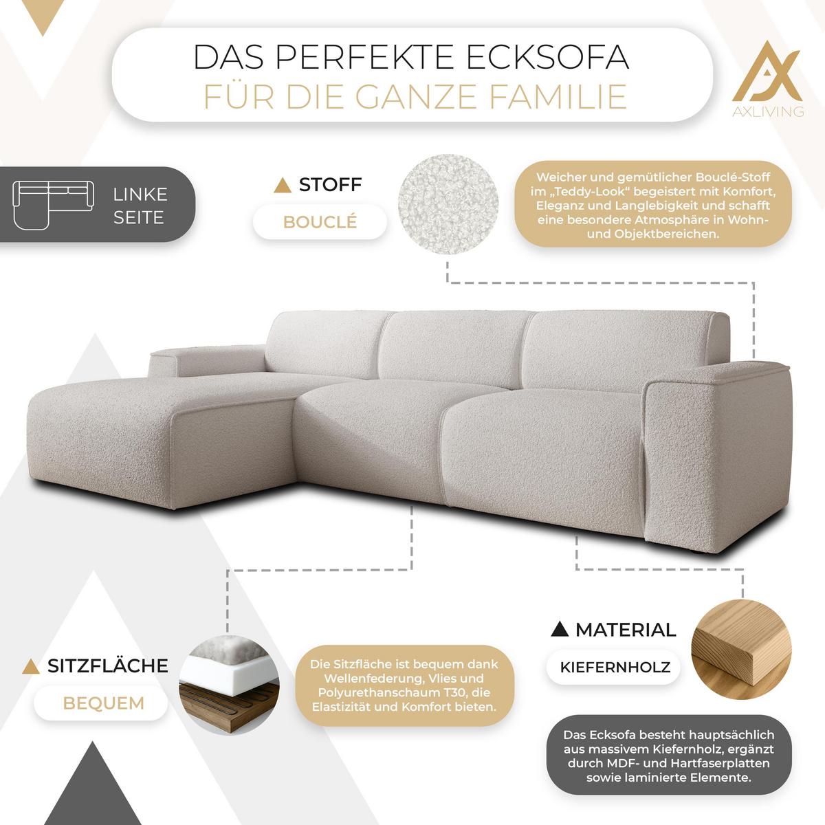 ECKSOFA L Form Didim mini Weiß 310/165/78 cm – stilvolle kleine Eckcouch L - Schwarz/Weiß, Kunststoff/Textil (165/310cm) - AX Living
