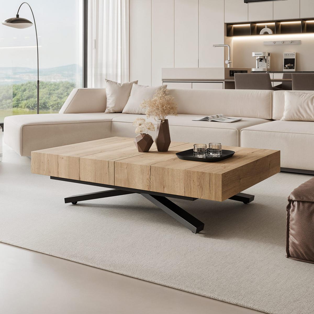 COUCHTISCH SANELLE X ausziehbar mit Liftfunktion, 120/80/76 cm Schwarz/Eiche - Eichefarben/Schwarz, Holzwerkstoff/Metall (120/80/27cm) - Idohome
