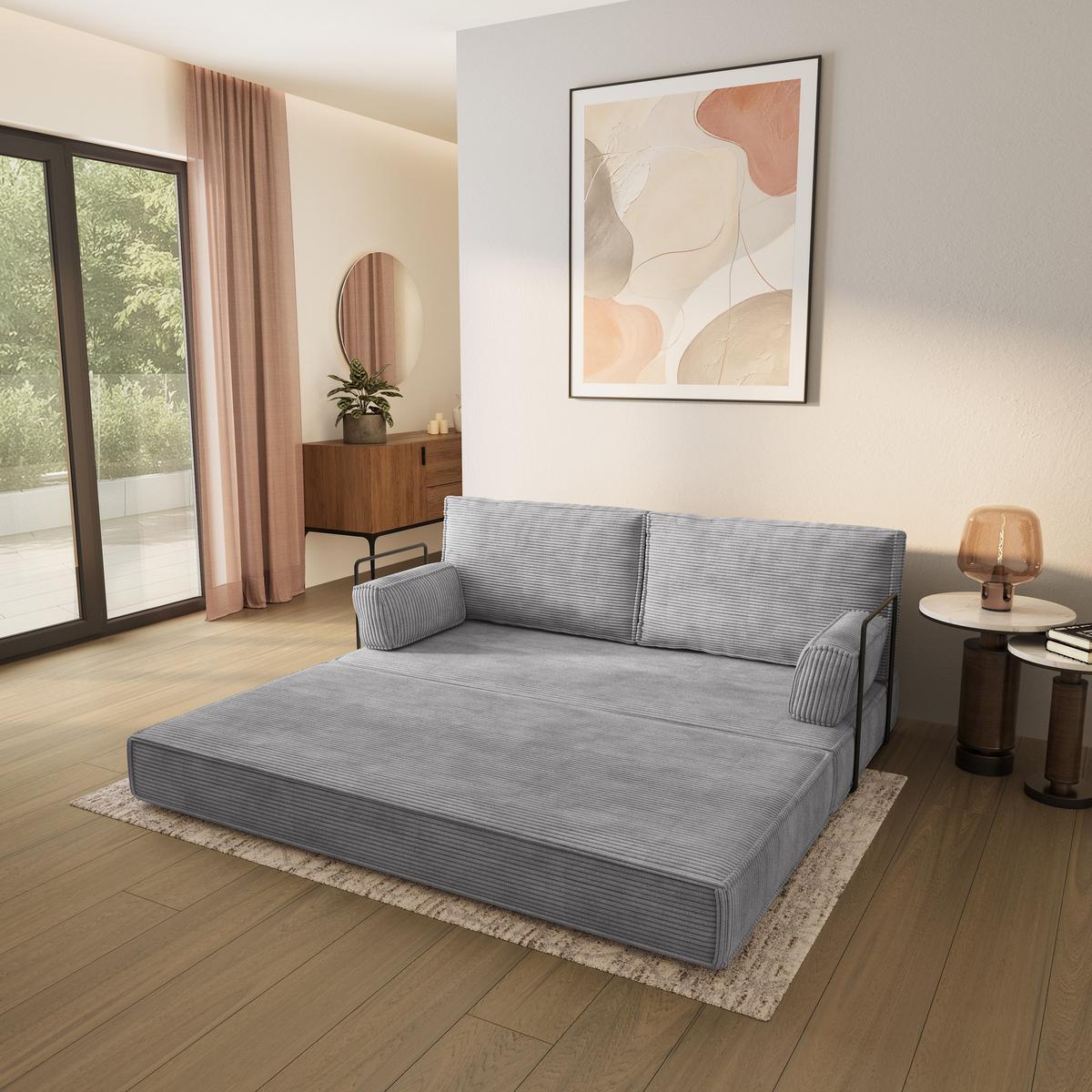 BETTSOFA SILAR aus Schaumstoff Kordstoff Hellgrau Schlaffunktion - Hellgrau, Textil (170/86/80cm) - MASSENO