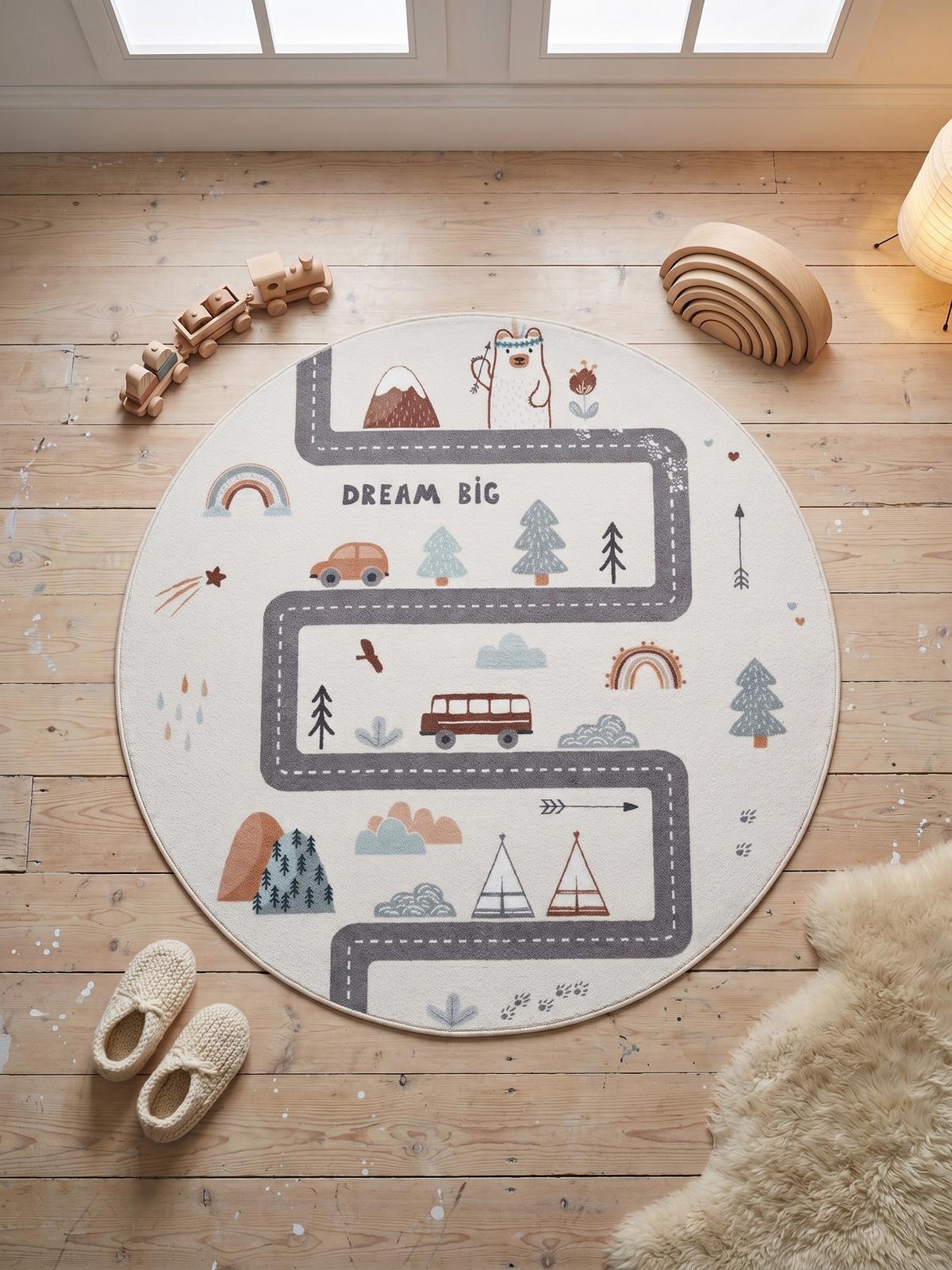 SPIELTEPPICH Waschbar TINO in Creme, mit Straßenkarten-Motiv, Ø 200 cm - Beige, Textil (200/200cm) - KADIMA DESIGN
