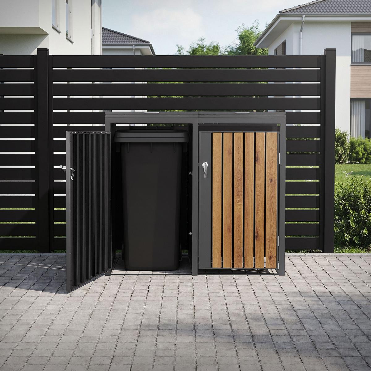 MÜLLTONNENBOX 4er Anthrazit-Holzoptik - Graubraun, Metall (264/120/80cm) - ML-DESIGN