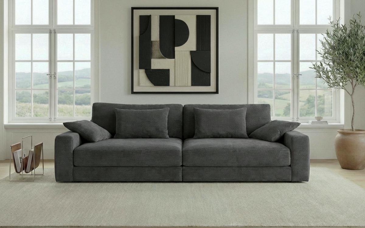 BIG-SOFA mit Federkern B290/T135/H90 cm extratief, Liegefläche 122x240 cm, Cord Dunkelgrau / 15249 - Dunkelgrau/Schwarz, Kunststoff/Textil (290/90/135cm) - luma-home