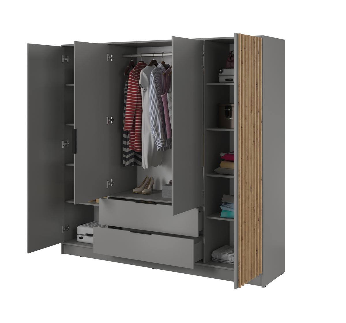 DREHTÜRENSCHRANK NELIANA 206/200/51 cm 4-türig Grau - Grau, Holzwerkstoff (206/200/51cm) - MASSENO