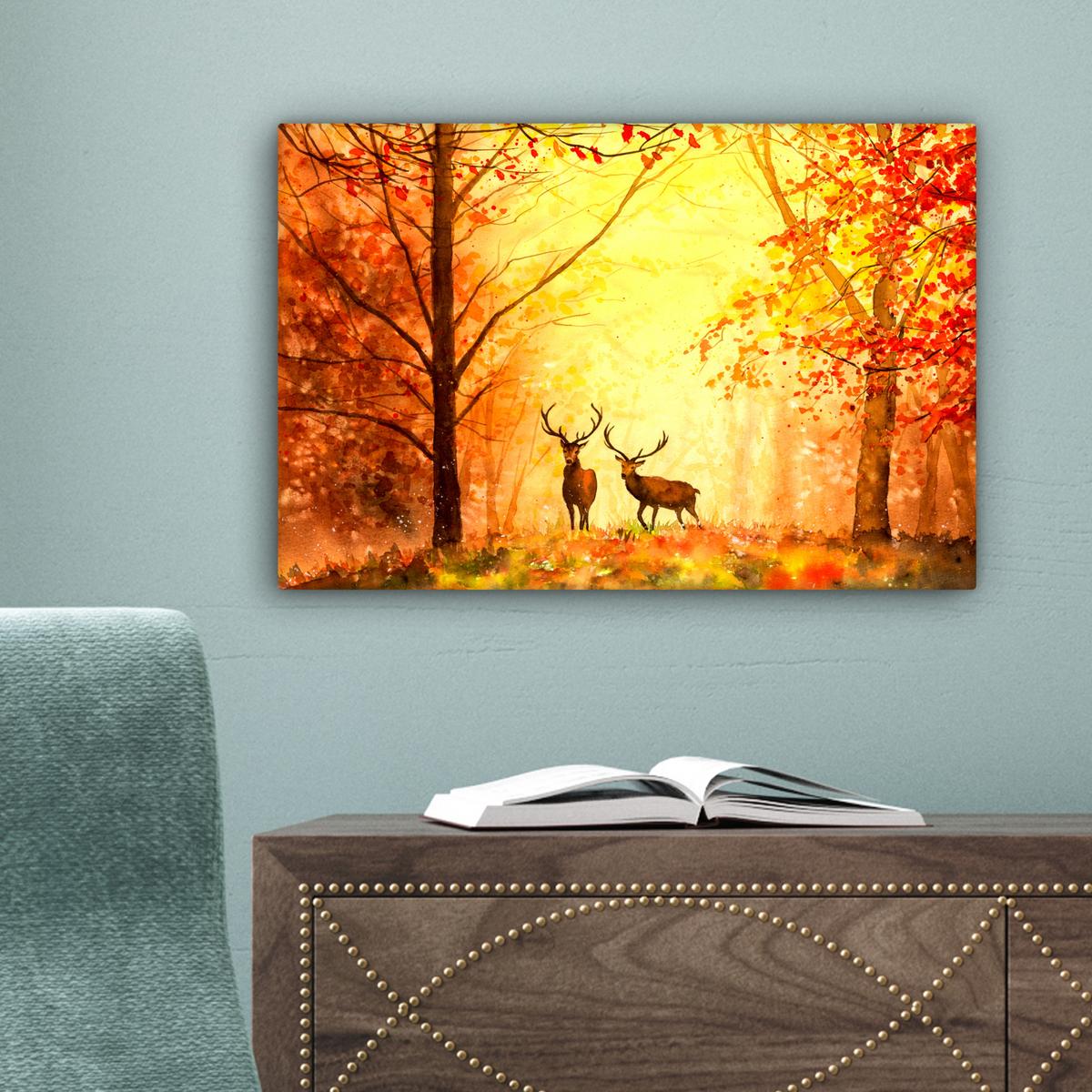 LEINWANDBILD Natur - Ölfarbe - Hirsche - Tiere - Herbst - Orange Deko Schlafzimmer 30x20 cm - Orange, Textil (30/20cm) - MuchoWow