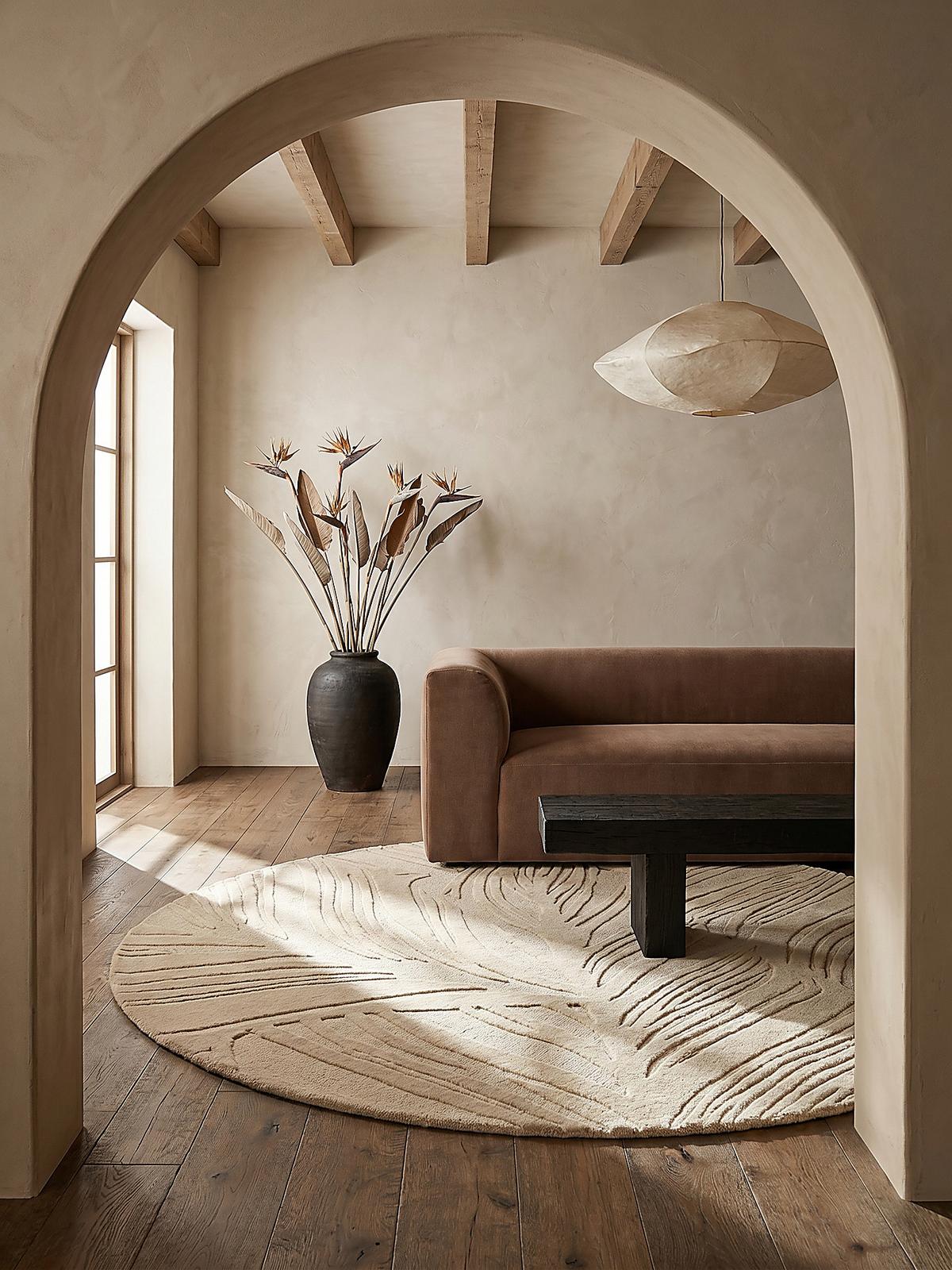 WOLLTEPPICH LEVEN, floral, Beige, Ø 160 cm - Beige, Textil (160/160cm) - KADIMA DESIGN