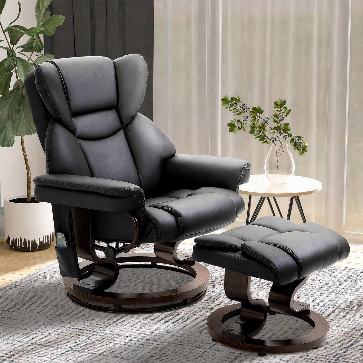 RELAXSESSEL Massagesessel mit Fußhocker Liegefunktion Schwarz 79 x 82 x 101 cm - Schwarz, Holz/Metall (82/101/79cm) - HOMCOM