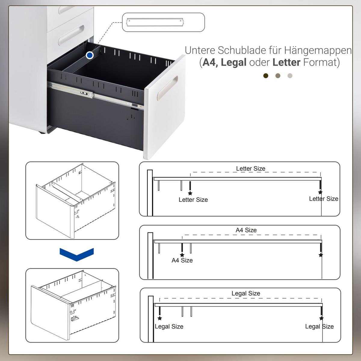 ROLLCONTAINER Aktenschrank mit 3 Schubladen Bürocontainer Stahl Weiß - Weiß, Metall (48/59/39cm) - Vinsetto
