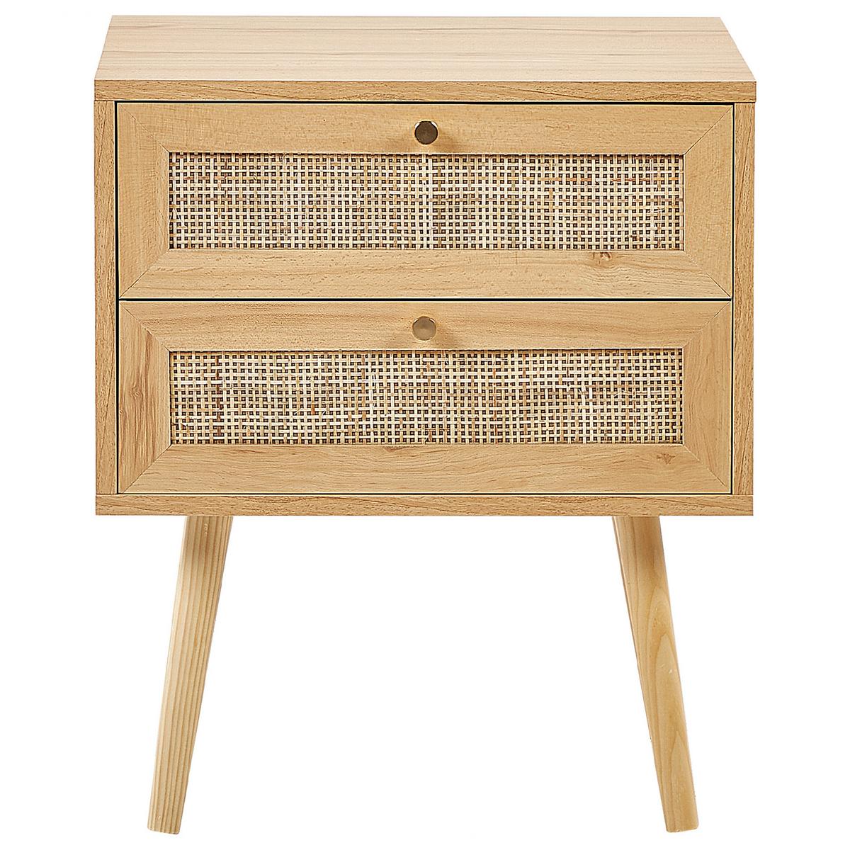NACHTTISCH Rattan hellbraun 2 Schubladen Perote - Hellbraun/Goldfarben, Naturmaterialien (57/57/48cm) - Beliani