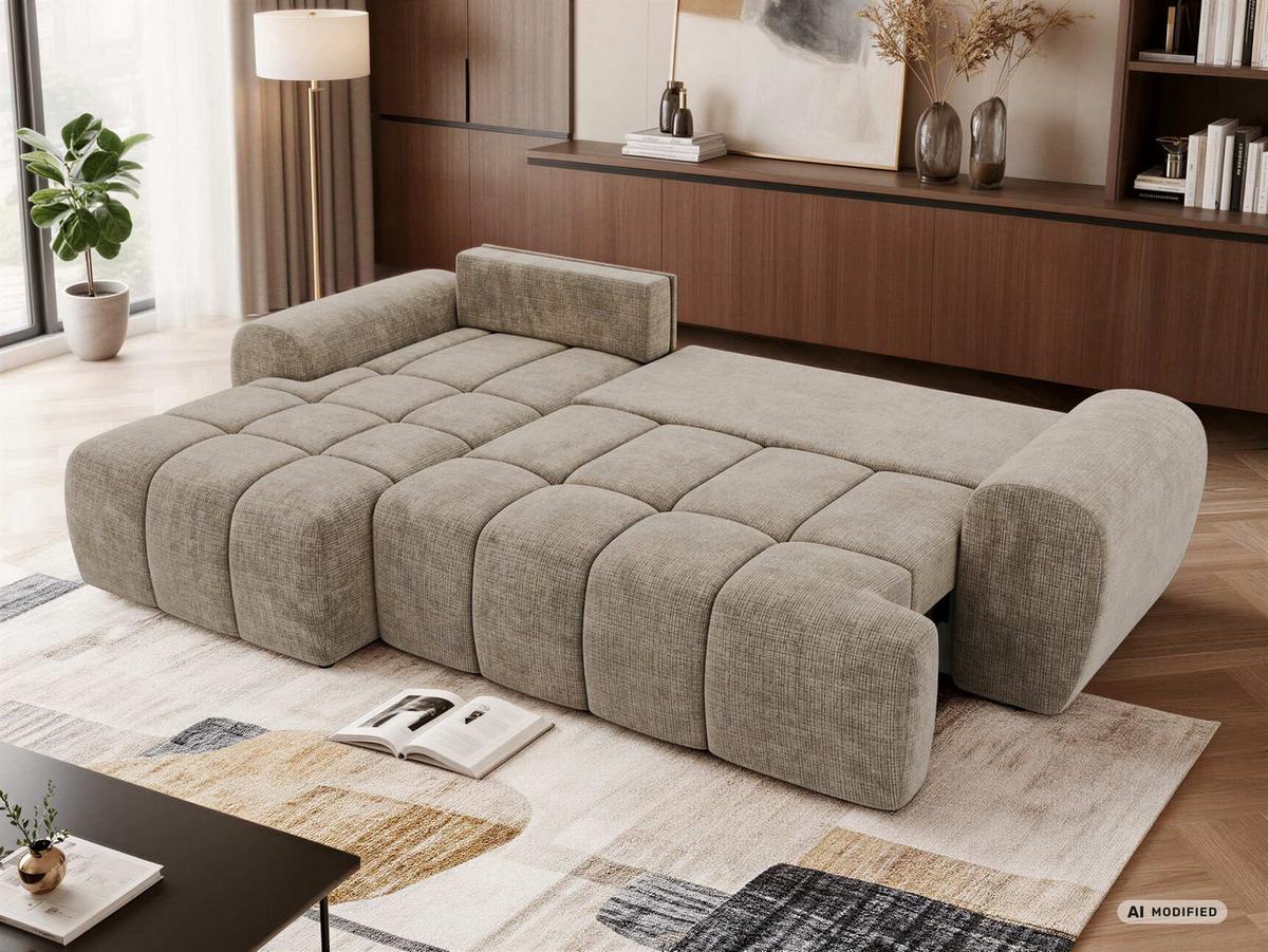 ECKSOFA MARIVO L - Beige Schenille grob gewebt - Links Seite - Beige/Schwarz, Kunststoff/Textil (161/271cm) - MKS