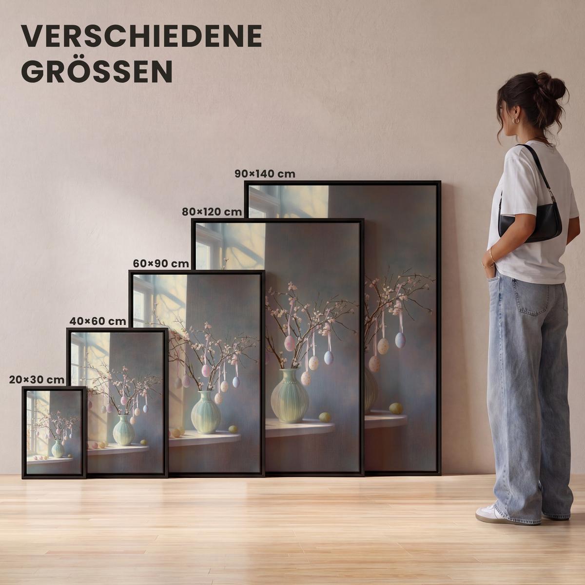 LEINWAND Bilder mit Rahmen - Stillleben - Vase - Osterzweig - 80x120 - Hellblau, Textil (80/120cm) - MuchoWow