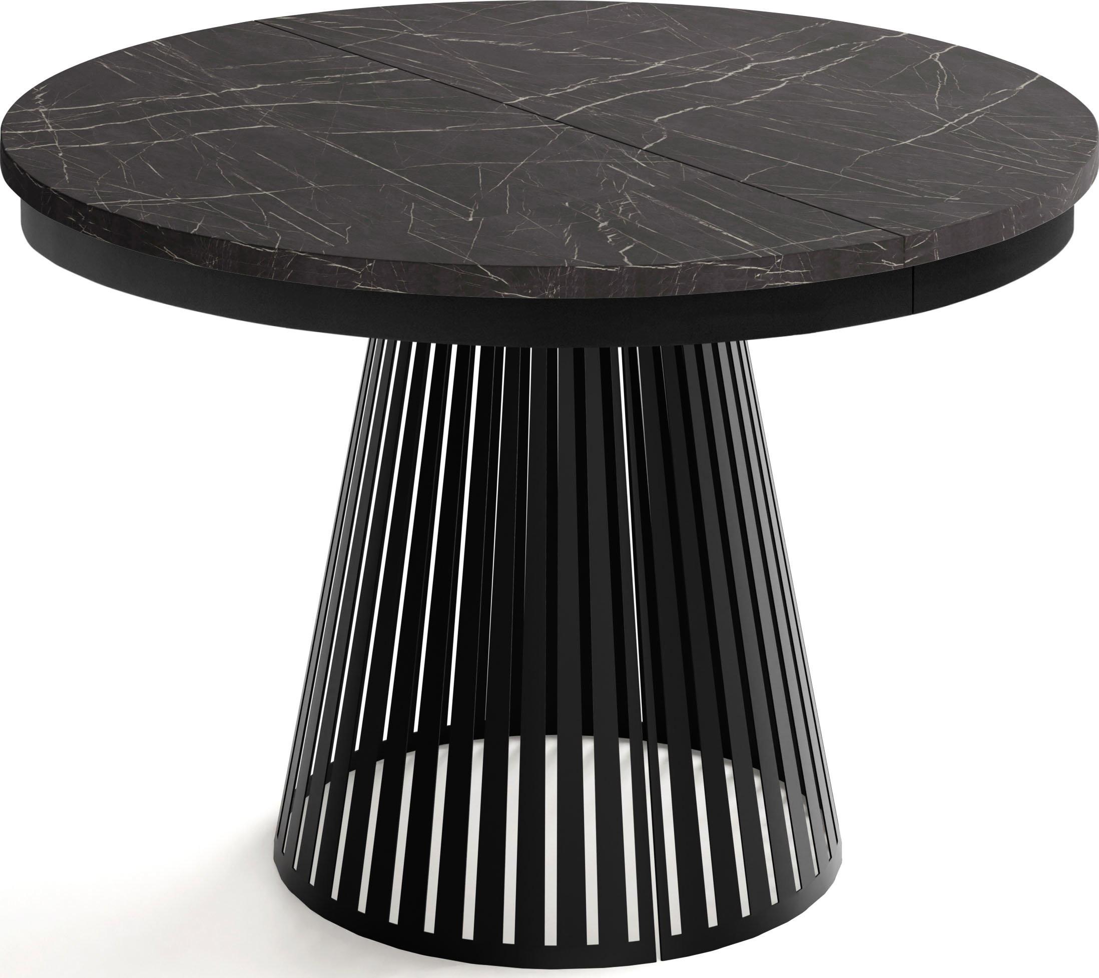 ESSTISCH Naro rund ausziehbar mit Schwarzem Lamellen-Metallgestell, Marmor Schwarz 120-200/120/76 cm - Anthrazit/Schwarz, Holzwerkstoff/Metall (120/196/76cm) - WFL GROUP