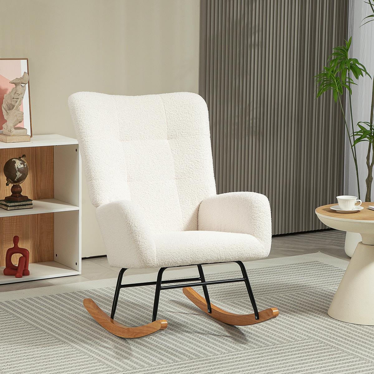 SCHAUKELSTUHL, Schaukelsessel mit Armlehne, Teddysamt-Optik, Cremeweiß - Creme/Naturfarben, Holz/Textil (70/100/94cm) - HOMCOM