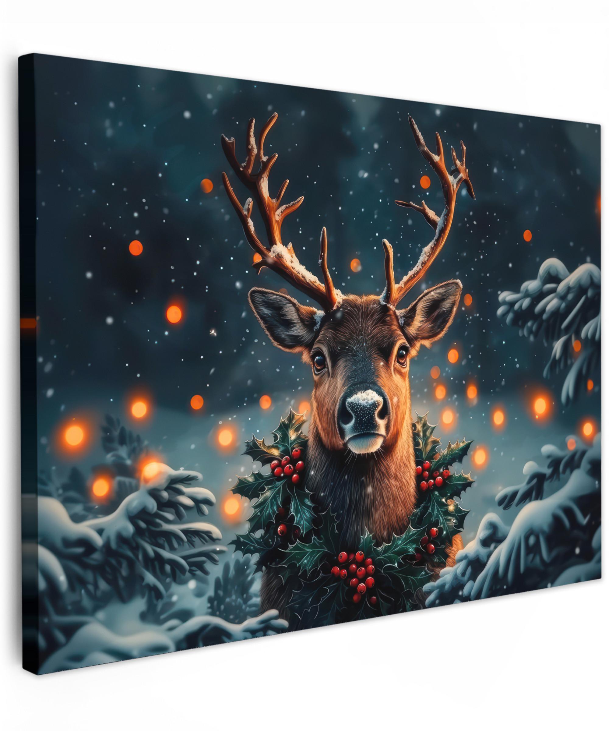 LEINWANDBILD Hirsch - Weihnachten - Winter - Schnee - Weihnachtskranz Wandbild 40x30 cm - Dunkelbraun, Textil (40/30cm) - MuchoWow