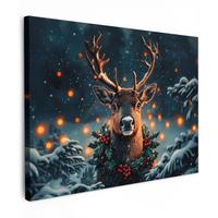 LEINWANDBILD Hirsch - Weihnachten - Winter - Schnee - Weihnachtskranz Wandbild 40x30 cm - Dunkelbraun, Textil (40/30cm) - MuchoWow