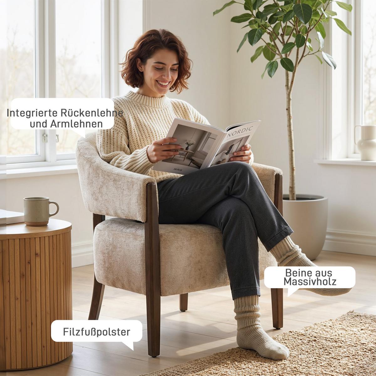 SESSEL Chenille Holz Beige - Beige/Braun, Holz/Textil (63.5/78.5/71cm) - HOMCOM